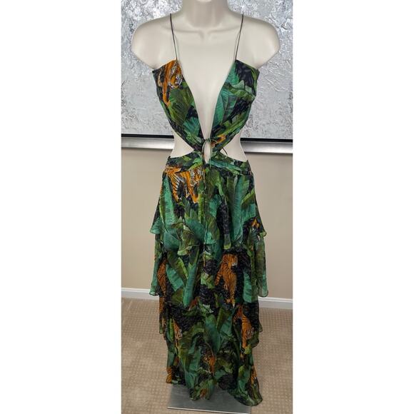 Retrofete Paulina Silk Cutout Tiered Safari Print Black Maxi Dress Size XS - Picture 3 of 9